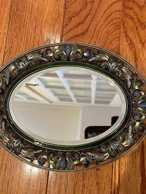 Decorative Oval Mirror tray with Green and Blue enamel / gems